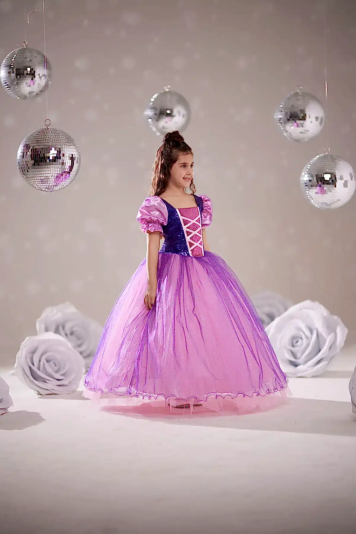 Kız Çocuk Rapunzel Kostümü Tüllü Prenses Elbise
