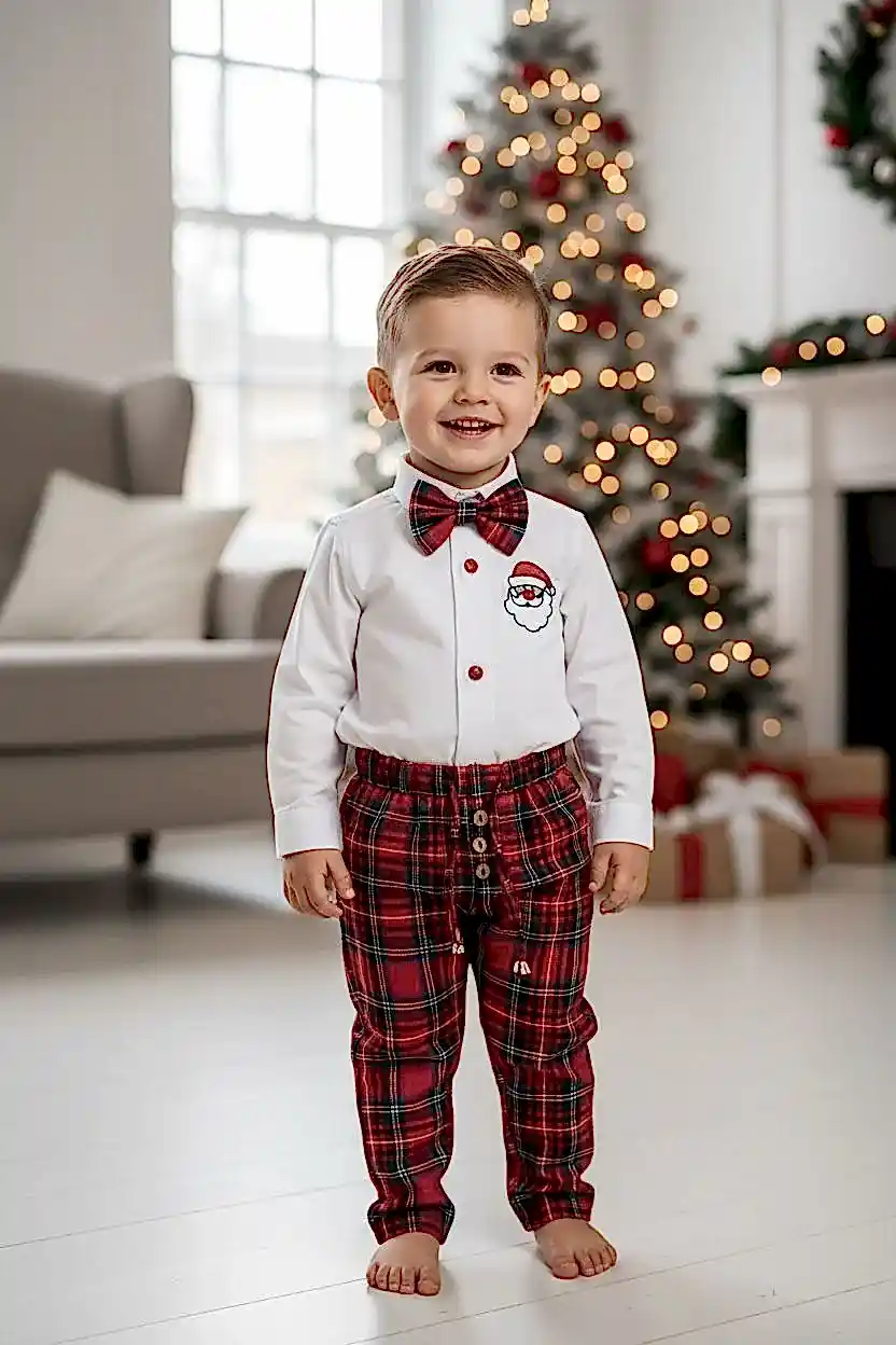 Yılbaşı Erkek Bebek Takım Noel Baba Nakışlı Gömlek & Ekose Pantolon & Papyon