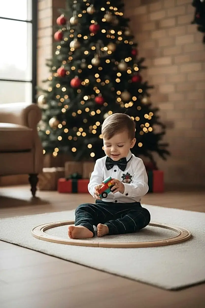 Yeni Yıl Çan Nakışlı Erkek Bebek Takım – Ekose Pantolon & Gömlek Papyon Takım Set