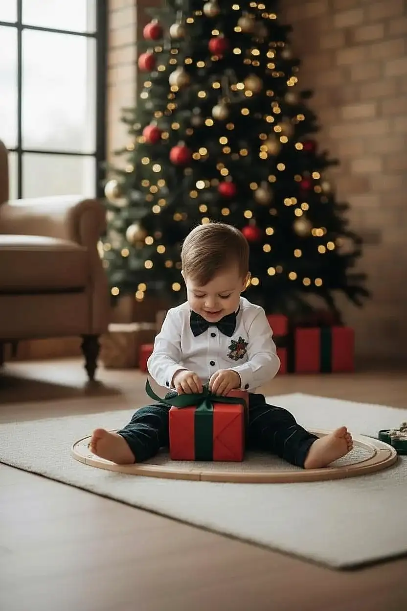 Yeni Yıl Çan Nakışlı Erkek Bebek Takım – Ekose Pantolon & Gömlek Papyon Takım Set