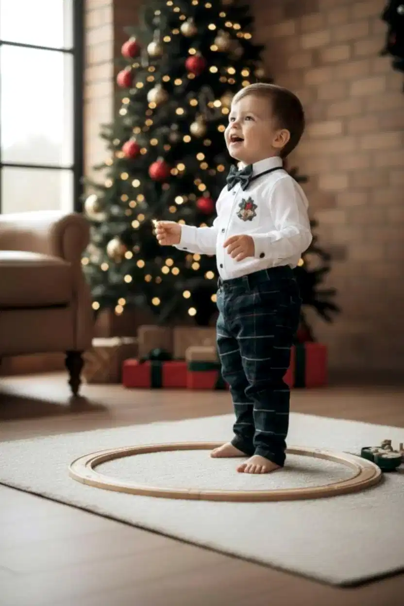Yeni Yıl Çan Nakışlı Erkek Bebek Takım – Ekose Pantolon & Gömlek Papyon Takım Set