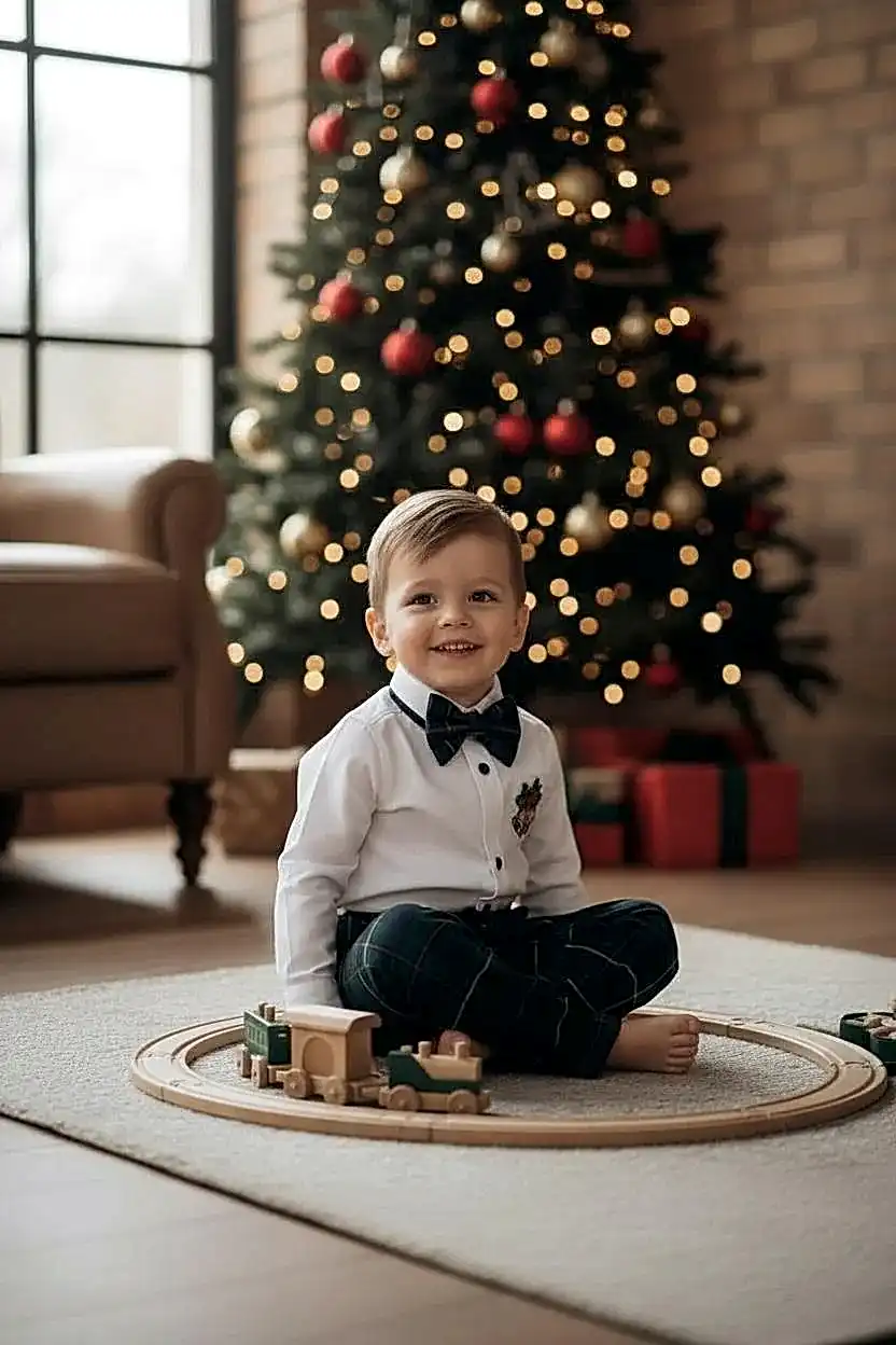 Yeni Yıl Çan Nakışlı Erkek Bebek Takım – Ekose Pantolon & Gömlek Papyon Takım Set