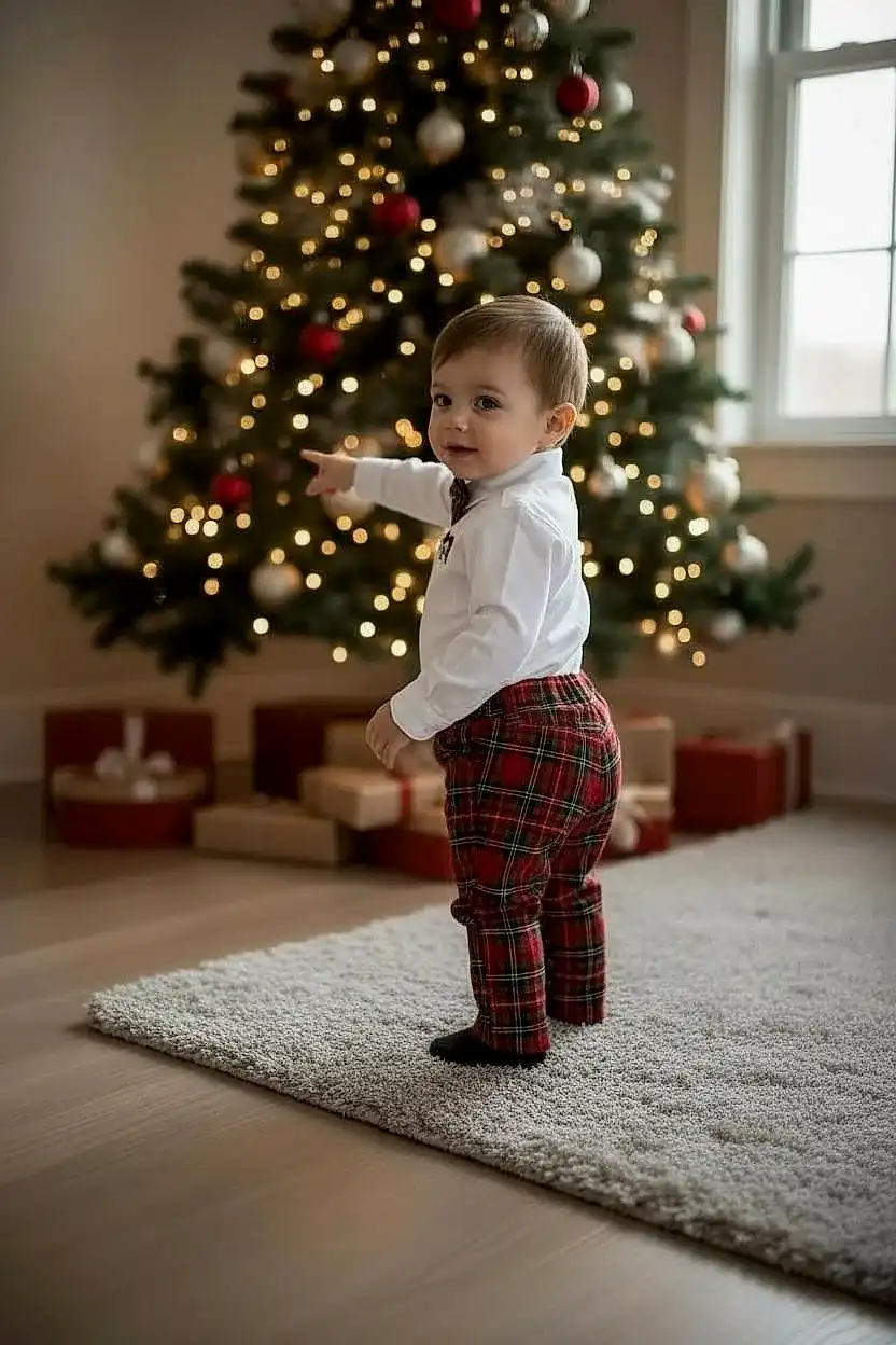 Noel Baba Nakışlı Erkek Bebek Yılbaşı Takımı – Ekose Pantolon &Gömlek Papyon