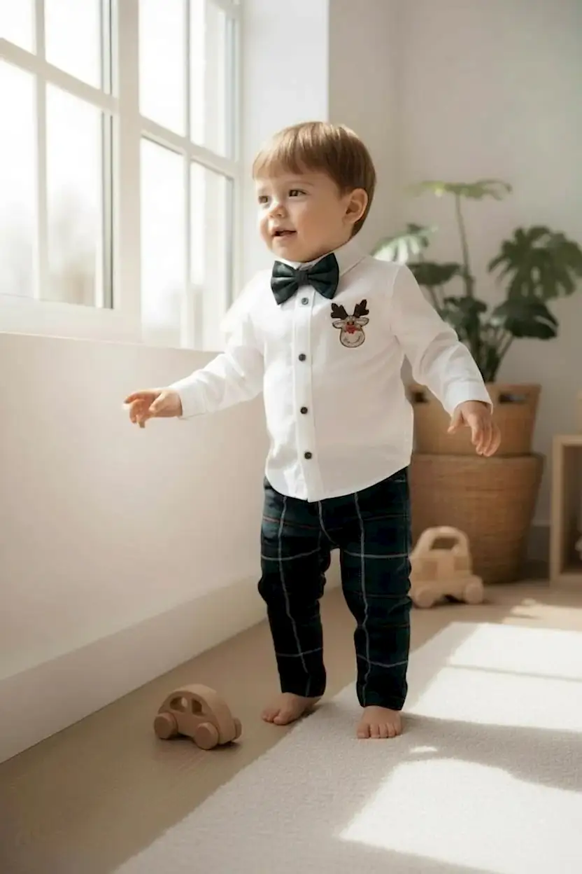 Erkek Bebek Yılbaşı Takımı – Ren Geyiği Nakışlı Gömlek & Ekose Pantolon Papyon