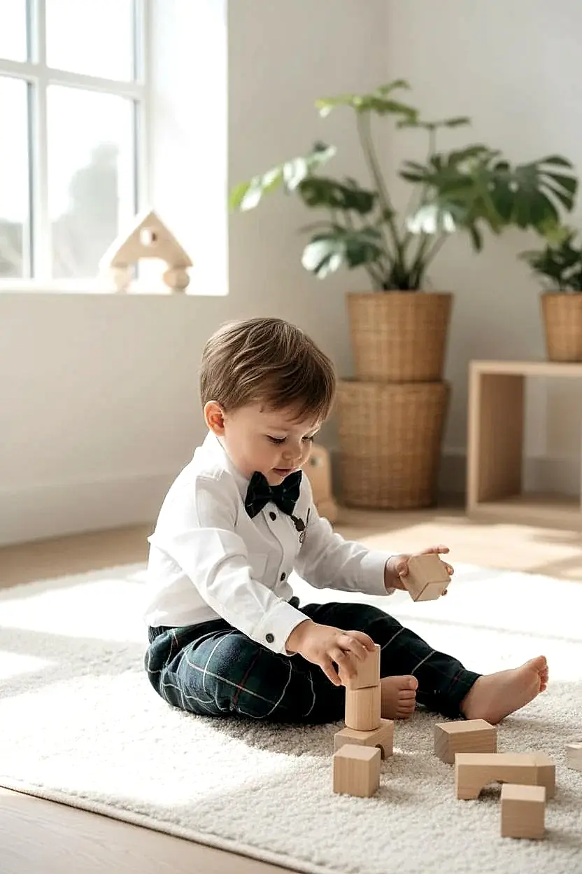 Erkek Bebek Yılbaşı Takımı – Ren Geyiği Nakışlı Gömlek & Ekose Pantolon Papyon